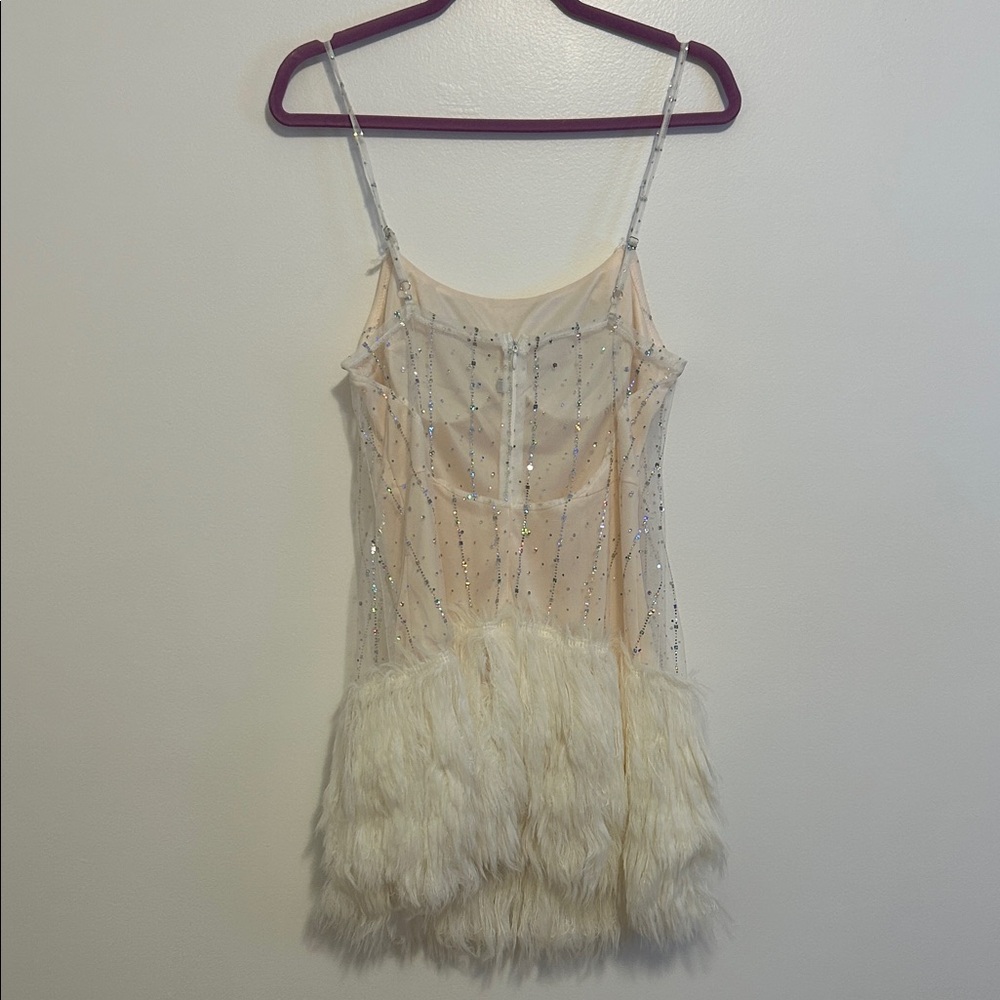 Sparkling Beige Dress with Faux Fur Hem - Picture 10 of 10